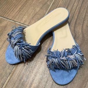 Rebecca Minkoff Randy Fringe Suede Flat Blue Denim Slide Sandals 5 35 NIB